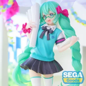 Крупний план обличчя в окулярах фігурки Хацуне Міку - якісний мерч Vocaloid.