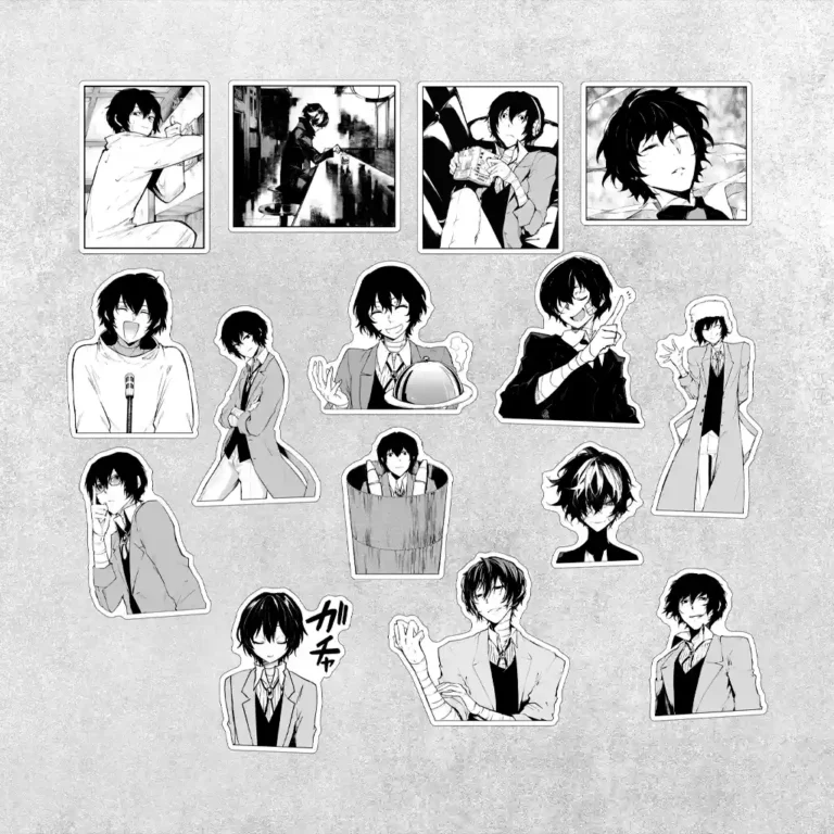Стікерпак Osamu Dazai: набір з 15 унікальних наліпок з ключовим членом Озброєного Детективного Агентства.